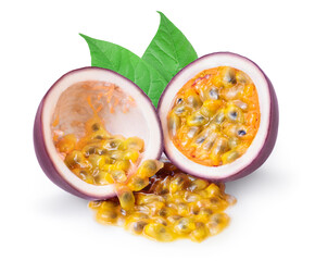 whole passion fruits half isolated on white background. maracuya with clipping path and full depth of field