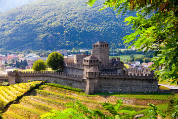Fototapeta na wymiar Medieval castle of Montebello on sunny summer day. Bellinzona. Switzerland