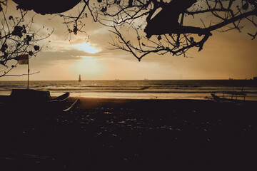 Silhouette boat and tree at sunset,