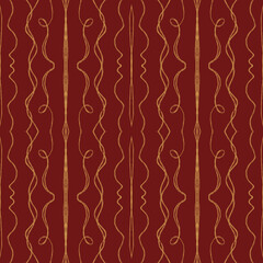 Kawaii cozy square seamless pattern new year golden wave line on red background. Textured flat digital art. Print for wrapping paper, fabric, textile, ribbon, wallpaper, scrapbooking