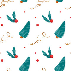 Kawaii cozy square seamless pattern new year christmas tree decor element, ball on white background. Textured flat digital art. Print for wrapping paper, textile, ribbon, wallpaper, scrapbooking