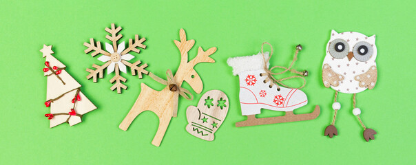 Top view of holiday ornament made of Christmas decorations Banner on colorful background. New Year time concept with copy space