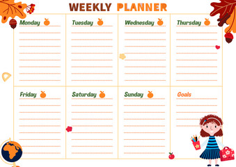 Weekly Planner for kids with autumn leaves, acorn and berry. Daily Calendar for school. Printable Schedule for student for all week. Children Template Organizer for classes and after school plans.