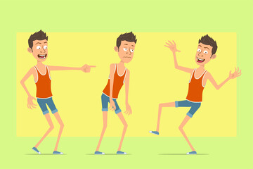 Fototapeta na wymiar Cartoon flat funny man character in singlet and shorts. Boy showing muscles, peace and thumbs up sign. On yellow background.