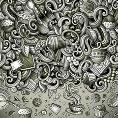 Cartoon doodles of cafe, coffee shop border