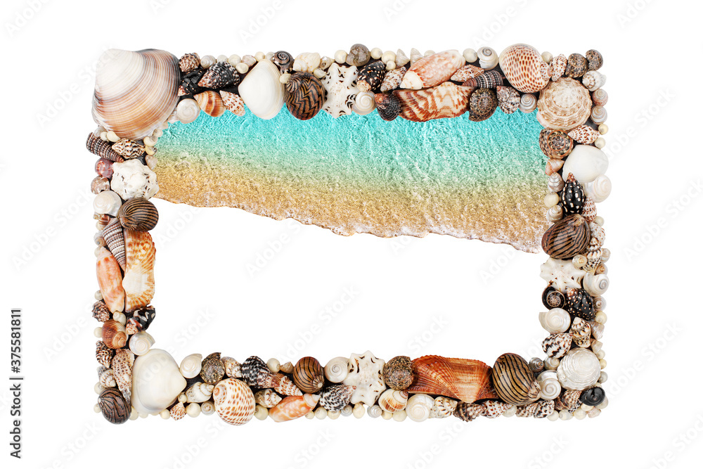 Wall mural Sea shells frame white background isolated closeup seashells border, blue wave sand beach, turquoise ocean water pattern, summer holidays backdrop, tropical island vacation, travel banner, copy space - Wall murals