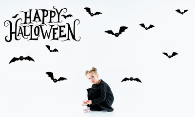 Little girl as vampire on white background, halloween time, flyer with copyspace. Black friday, cyber monday, sales, autumn concept. Flyer for your ad. Halloween mood, october time, scary and stylish.