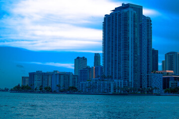 Obraz premium High rises next to the Miami South Channel in Brickell Miami, Florida, Buildings in the Brickell area near the the Miami South Channel, Skyline of buildings on Brickell Ave, Skyline, Miami Skyline, 