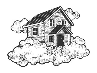 flying house in the clouds sketch engraving vector illustration. T-shirt apparel print design. Scratch board imitation. Black and white hand drawn image.