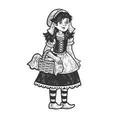 Little Red Riding Hood girl character sketch engraving vector illustration. T-shirt apparel print design. Scratch board imitation. Black and white hand drawn image.