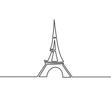 Abstract Eiffel Tower drawn by single one line vector illustration. T-shirt apparel print design. Black and white hand drawn image.