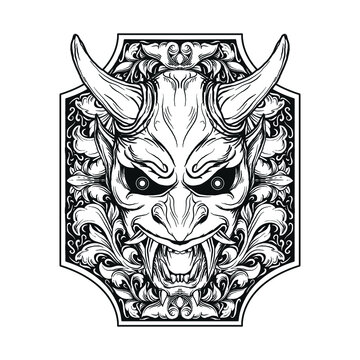 recommend clip art: tattoo and t-shirt design black and white hand drawn oni mask in frame engraving ornament premium vector