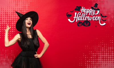 Young woman a witch on scary background, halloween flyer