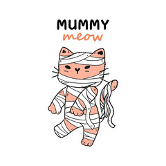 cute mummy cat Halloween funny costume vector, idea for sublimation, greeting card, planner, journal print, printable, svg cut file