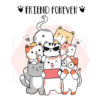 cute doodle cat friend gang take selfie, friend forever, graphic vector hand drawn, idea for cut file and silhouette, sublimation, greeting card, wall art, animal lover gift