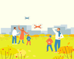 Parents is watching children playing drone in the autumn park. Family pastime. Happy kids playing by quadcopter. The drone takes off into the sky. Flat vector illustration.