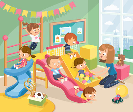 Children playing having fun, fooling around in fine good mood, on playroom, playground go down slide, hanging on ladder. Vector illustration. Flat design.