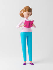 Cartoon character woman reading a book. 3d rendering