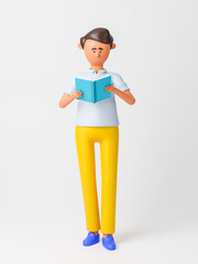 Cartoon character man reading a book. 3d rendering