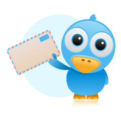 Blue bird cartoon with retro envelope.Vector blue bird illustration from blue bird collection.