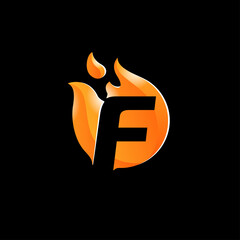 Flaming F letter logo template - fireball with counter-form of letter inside - for dark corporate background