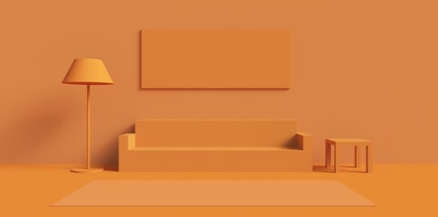 3D illustration of a stylized interior lounge scene with geometric shapes in orange