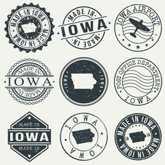 Iowa Set of Stamps. Travel Stamp. Made In Product. Design Seals Old Style Insignia.