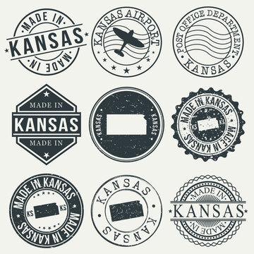 Kansas Set of Stamps. Travel Stamp. Made In Product. Design Seals Old Style Insignia.