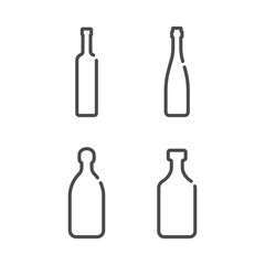 Vodka red wine tequila rum. Bottle in flat style on white background. Simple template design. Set beverage icon design. Isolated illustration outline object. One line symbol of an alcoholic drink