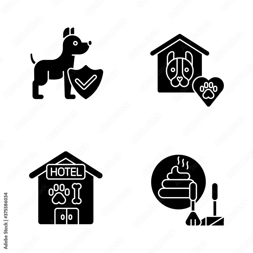 Wall mural Animal welfare black glyph icons set on white space. Dog hotel, animal shelter, poop scooping and life insurance silhouette symbols. Different services for pet owners. Vector isolated illustrations