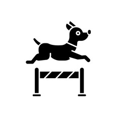 Pet training black glyph icon. Domestic animals taming and discipline education service silhouette symbol on white space. Dog preparing for contest, jumping over obstacle vector isolated illustration