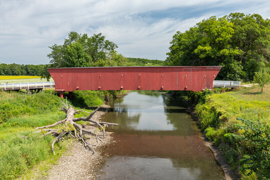 An Old Red Wooden Covered Bridge