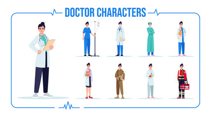 Asian doctor semi flat RGB color vector illustration set. Herbal medicine specialist. Combat female medic. Virologist. Female doctor. Isolated cartoon one character on white background pack