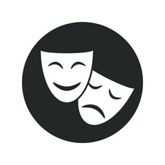 Theatrical masks graphic icon. Sign masks in the circle isolated on white background. Symbol of theatre. Vector illustration
