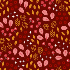 Floral seamless pattern with cones, leaves, stars, berries