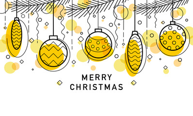 Vector holiday background. Christmas tree, Christmas ball, text . In a linear style. Isolated background.