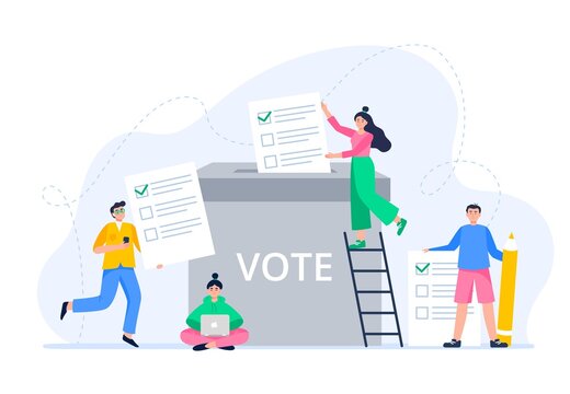 Young People Putting Paper Ballots To Election Box. The Public Brings Its Decision To The Voting Box. Voting And Election Concept. Democratic Election. Vector Flat Illustration. 