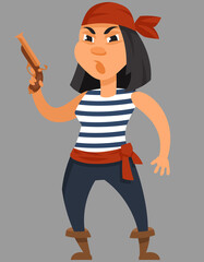 Female pirate holding pistol. Serious character in cartoon style.