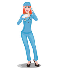 Redhead female doctor drinking coffee and talking on the phone.