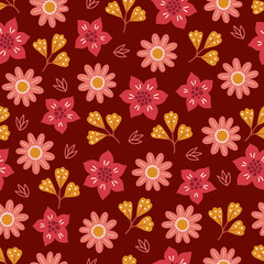 Floral seamless pattern with flowers and leaves on dark background