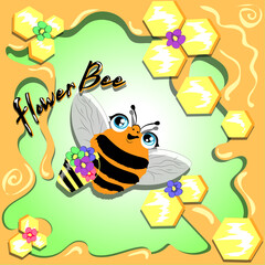 Flower Bee. Cute orange bee with flower bucket in a front of honeycombs. 