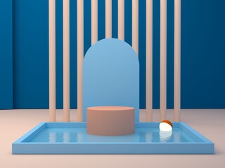 Minimal scene with podium and abstract background. Geometric shape. Blue winter colors scene. Minimal 3d rendering. Scene with geometrical forms and textured background. 3d render. 