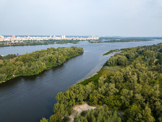 Aerial drone view. View of the Dnieper River in Kiev.