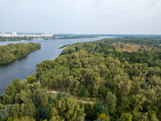 Fototapeta na wymiar Aerial drone view. View of the Dnieper River in Kiev.