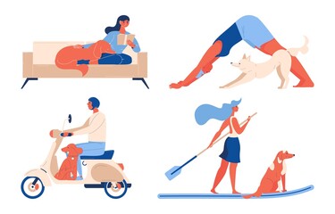 Vector isolated set people with dogs. Rides a scooter, does yoga, swims on a surfboard, reads a book. Concept illustration in red, blue color.