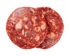 Two raw cutlet of minced beef meat for burger isolated on white background. Top view.