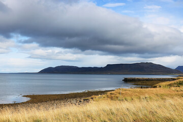 Stormy icelandic landscape on Skardsvik beach in Iceland, Europe