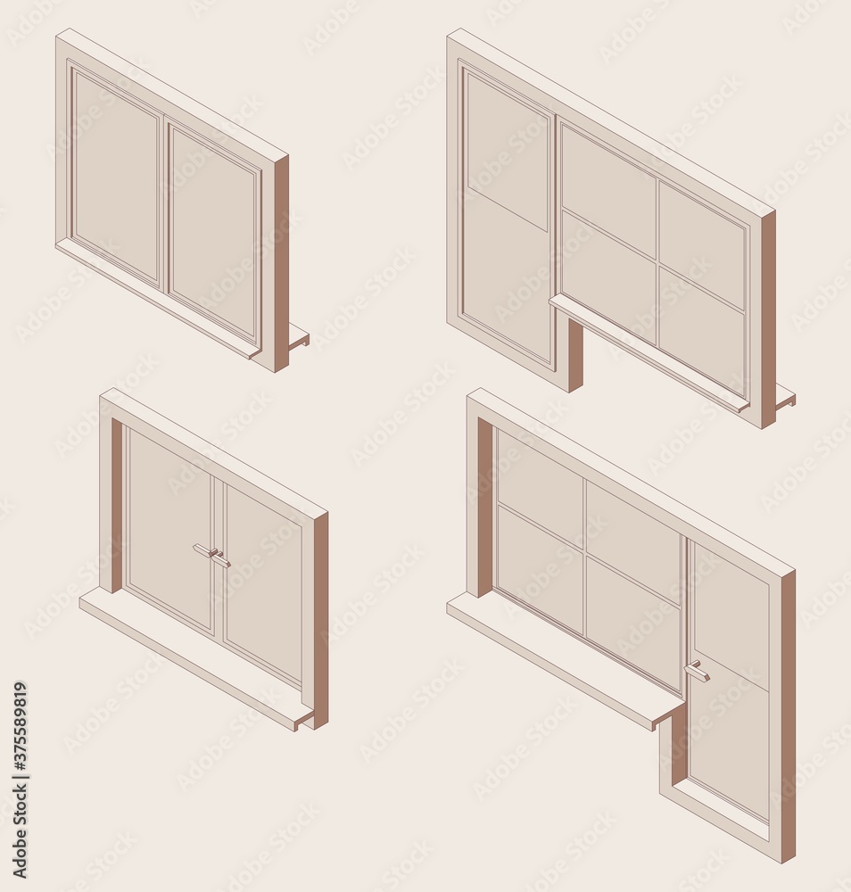 Aufkleber isometric full color outline linear set of closed double-glazed windows with windowsill and doors. 3
