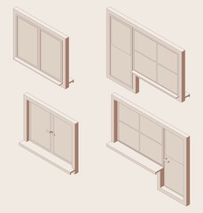 Isometric full color outline linear set of closed double-glazed windows with windowsill and doors. 3d illustration for building.