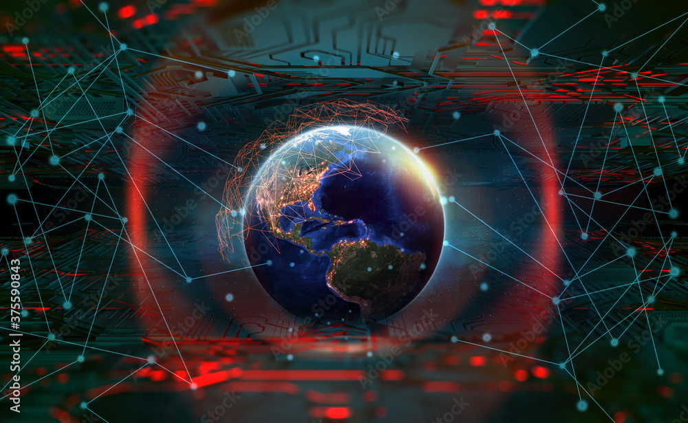 Fototapete Digital information field on a planetary scale. Information network surrounds the entire planet. Concept of futuristic communication technologies. Elements of this image furnished by NASA